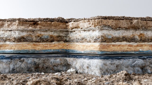 Cross-section of earth layers showing sediment and rock formations, with visible strata and mineral deposits, representing geological strata and underground structure