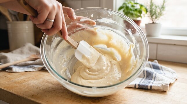 Close-up of mixing batter in a clear glass bowl with a spatula