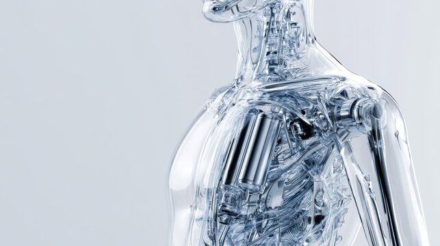 An abstract representation of a human body crafted from transparent, crystal-like material, revealing internal structures with intricate detail. The form stands against a light, neutral backdrop.