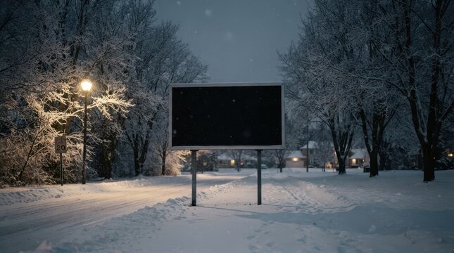 Large blank advertising billboard on metal post in winter suburban neighborhood with snow covered trees at night time