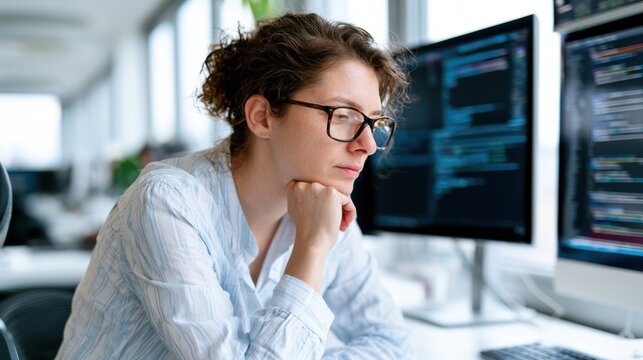 A focused young woman with glasses intently working on a computer, surrounded by lines of code. The soft lighting and office environment suggest deep concentration and dedication to her task