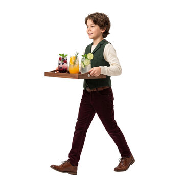 Christmas boy carrying a tray of colorful sparkling mocktails with fruit garnishes, playful catering and holiday party concept, on transparent background