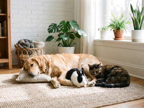 Peaceful golden retriever cat and rabbit resting on a rug