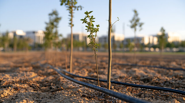 Young sapling tree and drip irrigation system in agricultural field or nursery with city skyline background during peaceful sunny morning h