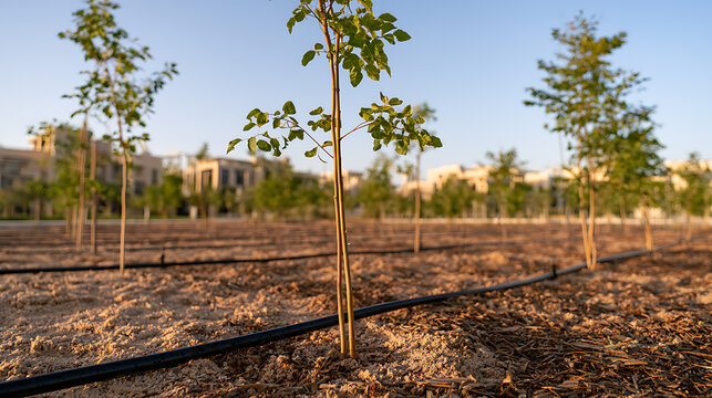 Young moringa tree, Moringa oleifera, sapling planted in desert soil with drip irrigation system in urban development park at sunset