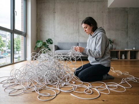 Young woman untangling a large mess of white cables on the floor.