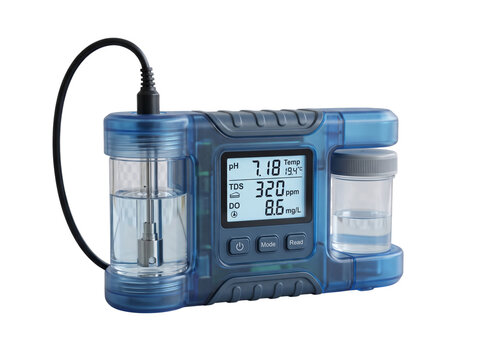 Digital water quality tester with pH TDS and dissolved oxygen sensor isolated on transparent background