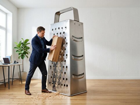 Businessman shredding cardboard box with a giant cheese grater.