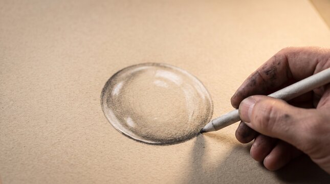 Artist hand drawing realistic 3D water drop on paper using blending stump