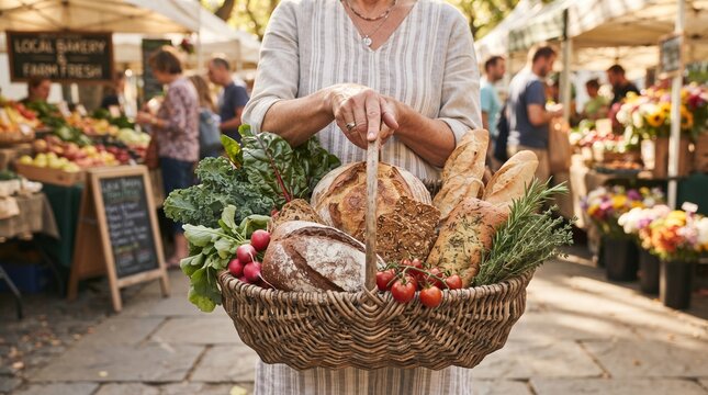 Woman carrying a basket of fresh bread and vegetables at a local market