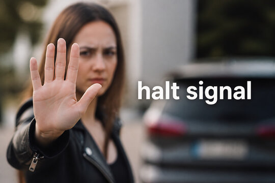 A woman in a leather jacket is holding up her hand as a halt signal near a car.