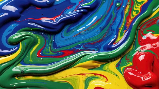 Mixed colorful acrylics flowing together in a studio; a close-up shot shows bright hues swirling and mixing. Usable for design