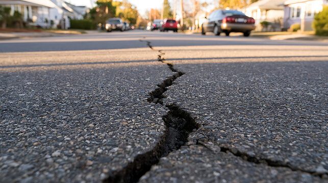 A deep fracture splitting an asphalt street surface in a residential neighborhood, highlighting infrastructure decay and danger on road