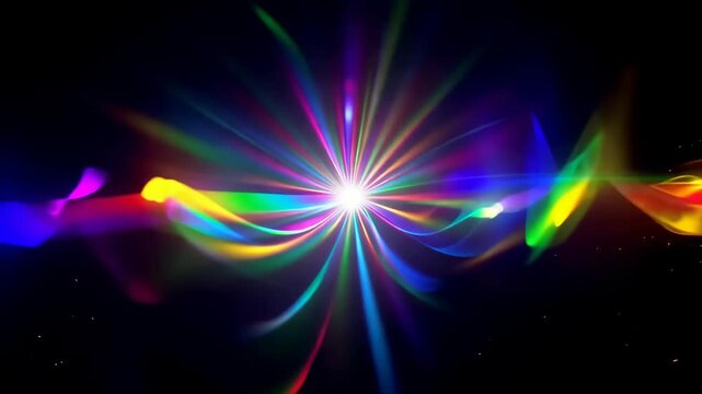Colorful light beams radiate from a central point, creating a vibrant display of hues in a dark background, showcasing a dynamic visual progression through three frames