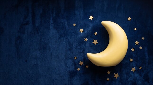 Crescent moon and gold stars on dark blue velvet texture with copy space