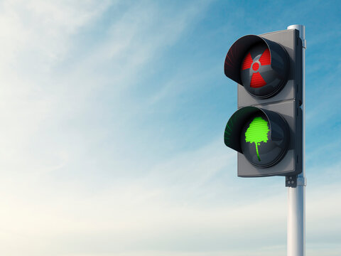 Traffic light, green and red sign, red nuclear power sign and green tree, 3D Rendering