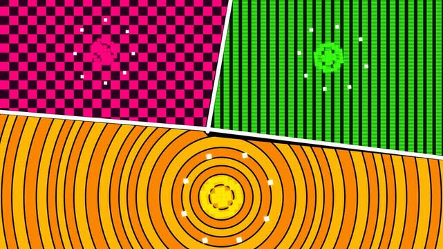 Vibrant abstract motion animation showcasing divided screens with dynamic checkered patterns and circular wave ripples in high quality video footage