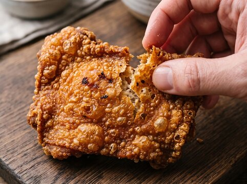 Hand breaking a piece of crispy fried golden brown skin snack