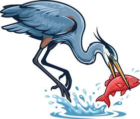 Fototapeta premium A blue heron catching a red fish from the water.