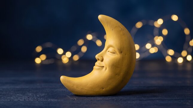 Yellow crescent moon figurine with smiling face on wooden table with bokeh lights