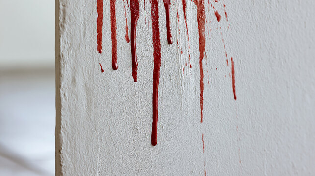 Blood dripping down a textured white wall, symbolizing violence, horror, crime, danger, and a grim, unsettling scene with disturbing implications