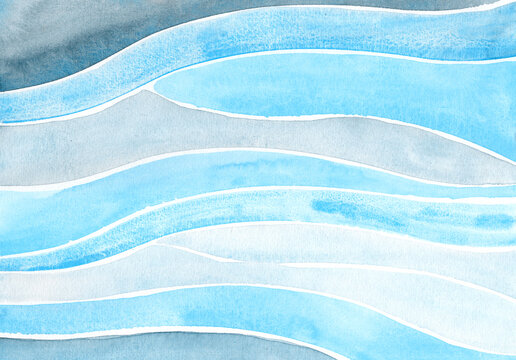 Abstract blue watercolor painting with flowing wave pattern