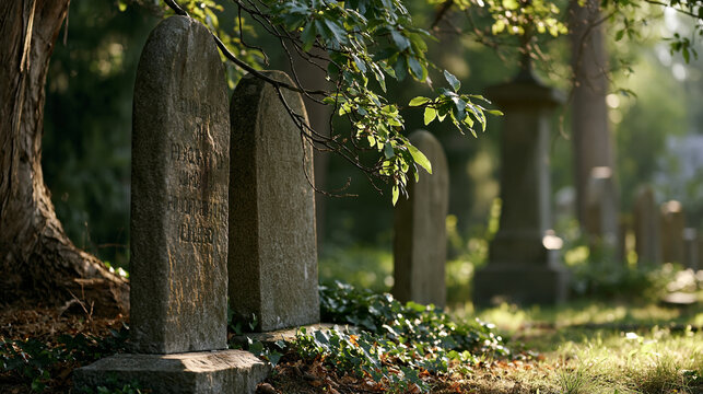 Graveyard scene featuring ancient tombstones bathed in soft sunlight, evoking themes of remembrance, peace, and the passage of time in a serene cemetery, copy space