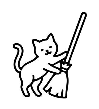 Halloween cat with broomstick line art vector