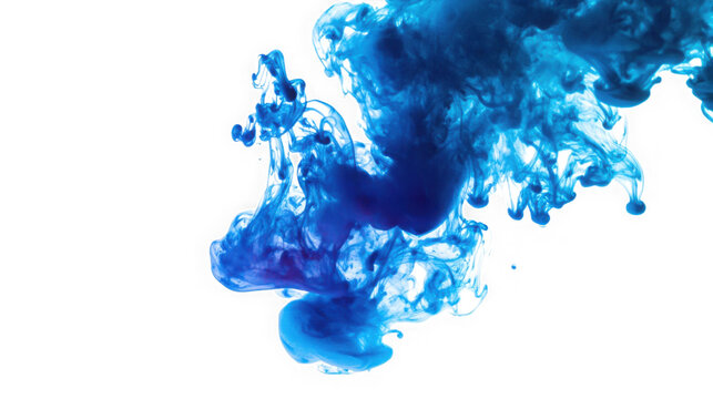 Blue ink swirling in clear water against a bright white background with dye