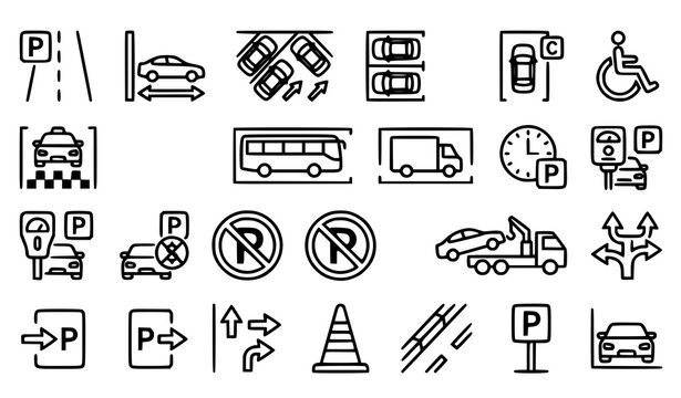 Roadside Car Parking and Traffic Parking Symbol Outline Set