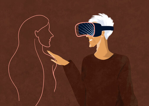 Woman uses virtual reality headset to touch a digital hologram
