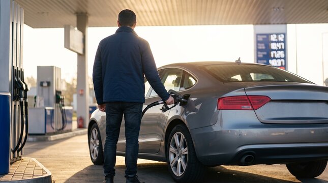 Man refueling modern car at gas station with fuel pump nozzle in daylight