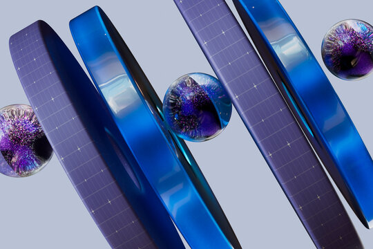 Futuristic 3D abstract design with blue rings and glass spheres
