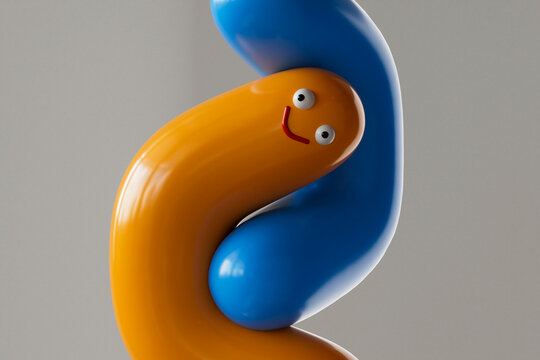 An orange 3D mascot hugs a blue abstract shape