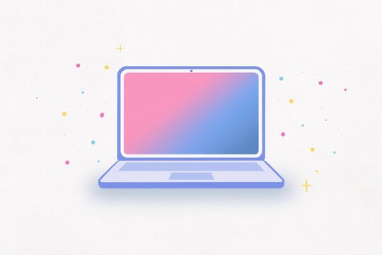 A modern laptop illustration displays a colorful gradient screen
