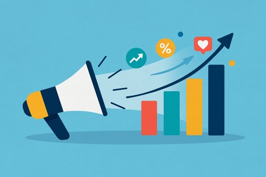A megaphone broadcasts business growth and social media marketing