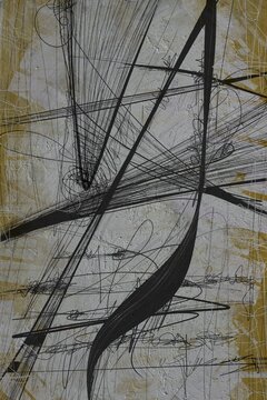 Abstract mixed media painting features black lines and scribbles