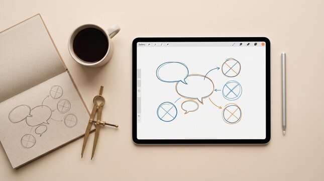Tablet with UI UX wireframe sketch digital stylus and coffee on desk top view