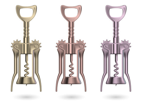 Three metallic wine bottle openers in gold, rose, and silver colors on transparent background