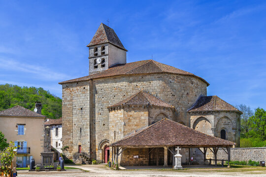 St. John the Baptist Church in Saint-Jean-de-Cole, France, view from the apse. Romanesque architecture under blue sky