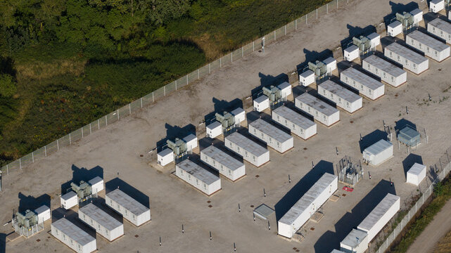 Aerial view of a battery energy storage system facility outdoors