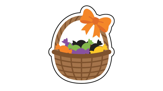 A cute vector illustration of a wicker basket filled with colorful Halloween candies and an orange bow.
