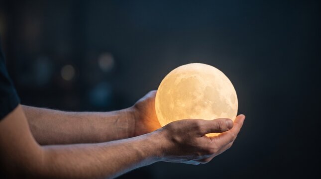 Hands holding glowing full moon lamp in dark background conceptual photo