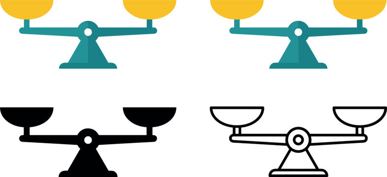 Set of vector icons showcasing mechanical balance scales in flat color, solid black, and line art styles.