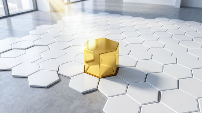 Golden hexagonal block standing above flat white floor tiles displaying leadership concept isolated among identical repeating geometric shapes under bright sunlight