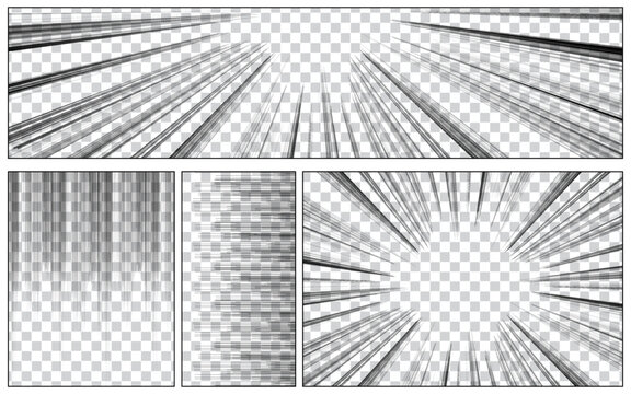 Comic book page background with radial, dotted, halftone effects, circles, slanted lines in pop art style. Blank horizontal template. Vector illustration