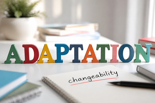 Colorful wooden letters spelling ADAPTATION are on a desk with notebooks and plants.