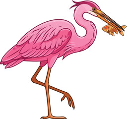 Fototapeta premium A vibrant pink heron illustration holding a small golden fish in its beak.