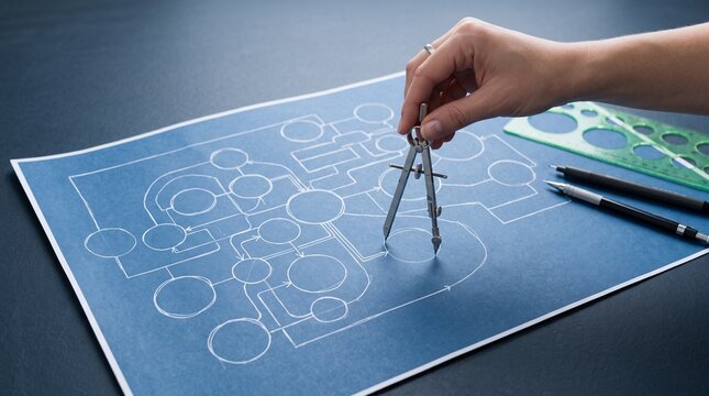Engineer hand drawing workflow system blueprint with drafting compass tool