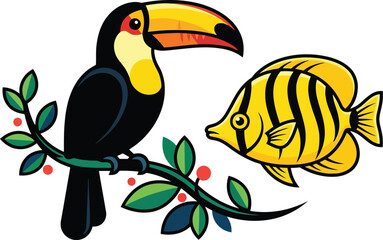 Fototapeta premium A colorful toucan perched on a leafy branch next to a vibrant yellow striped tropical fish.